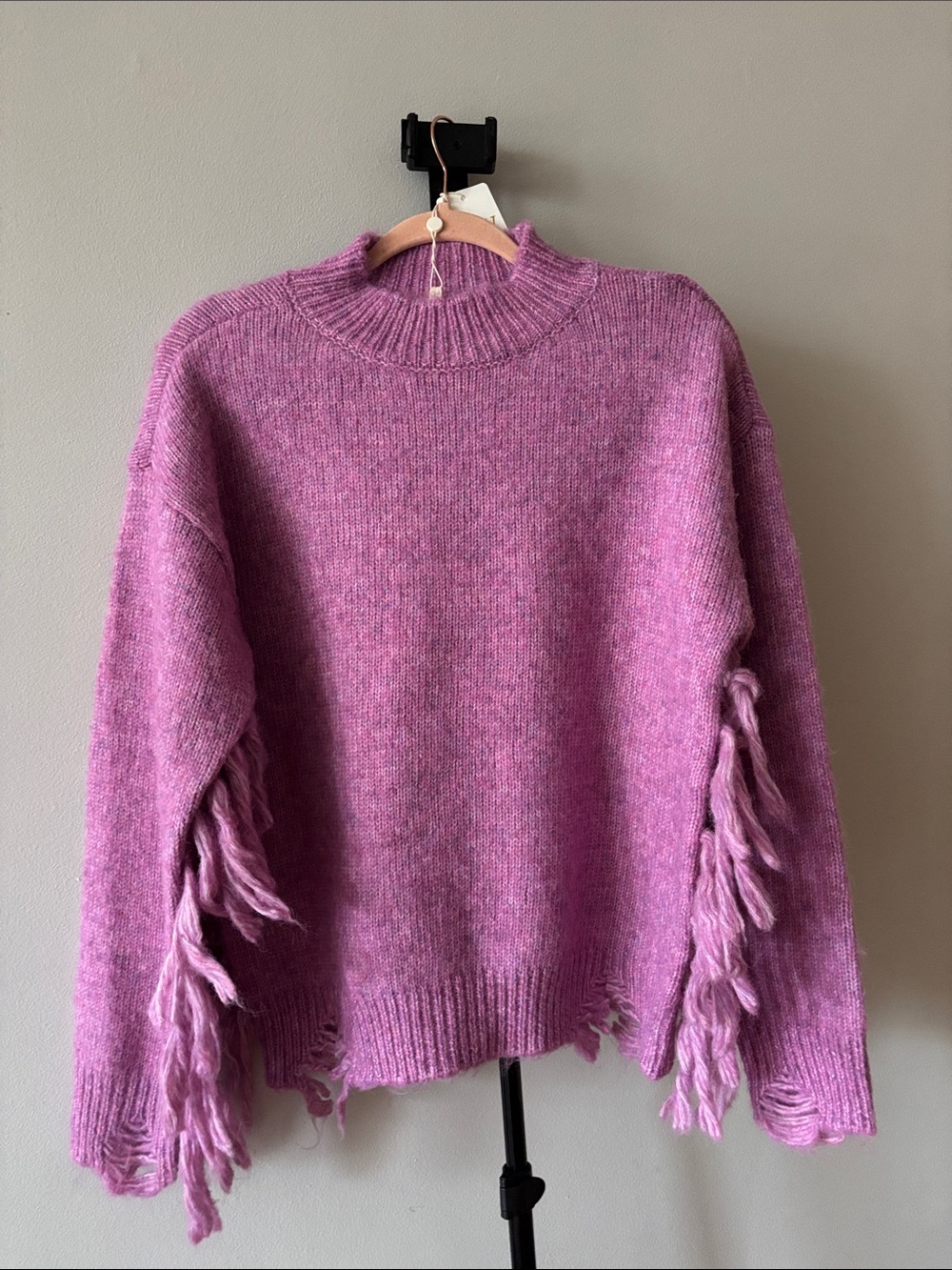 Chelsea & Violet Pink Fringe Sleeve Turtleneck Sweater